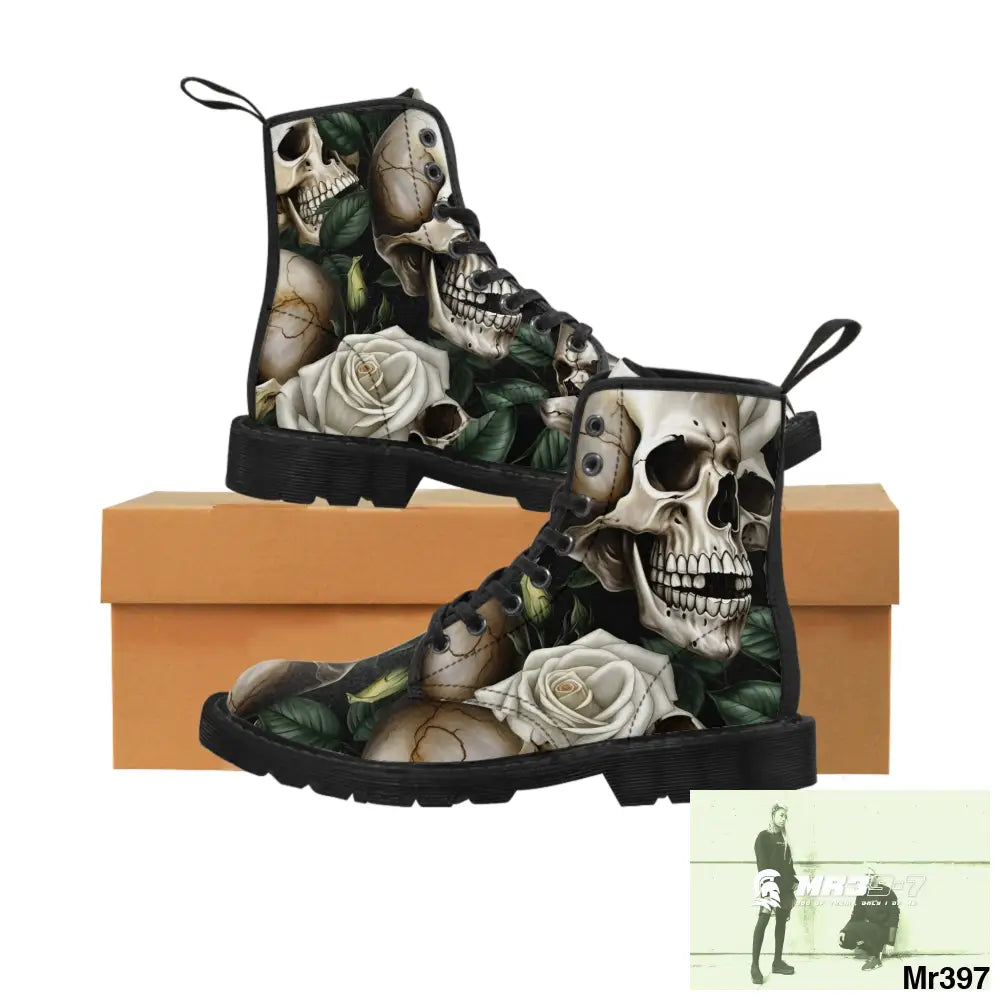 No 2 Gothic Skull and White Roses Canvas Boots AOP Shoes