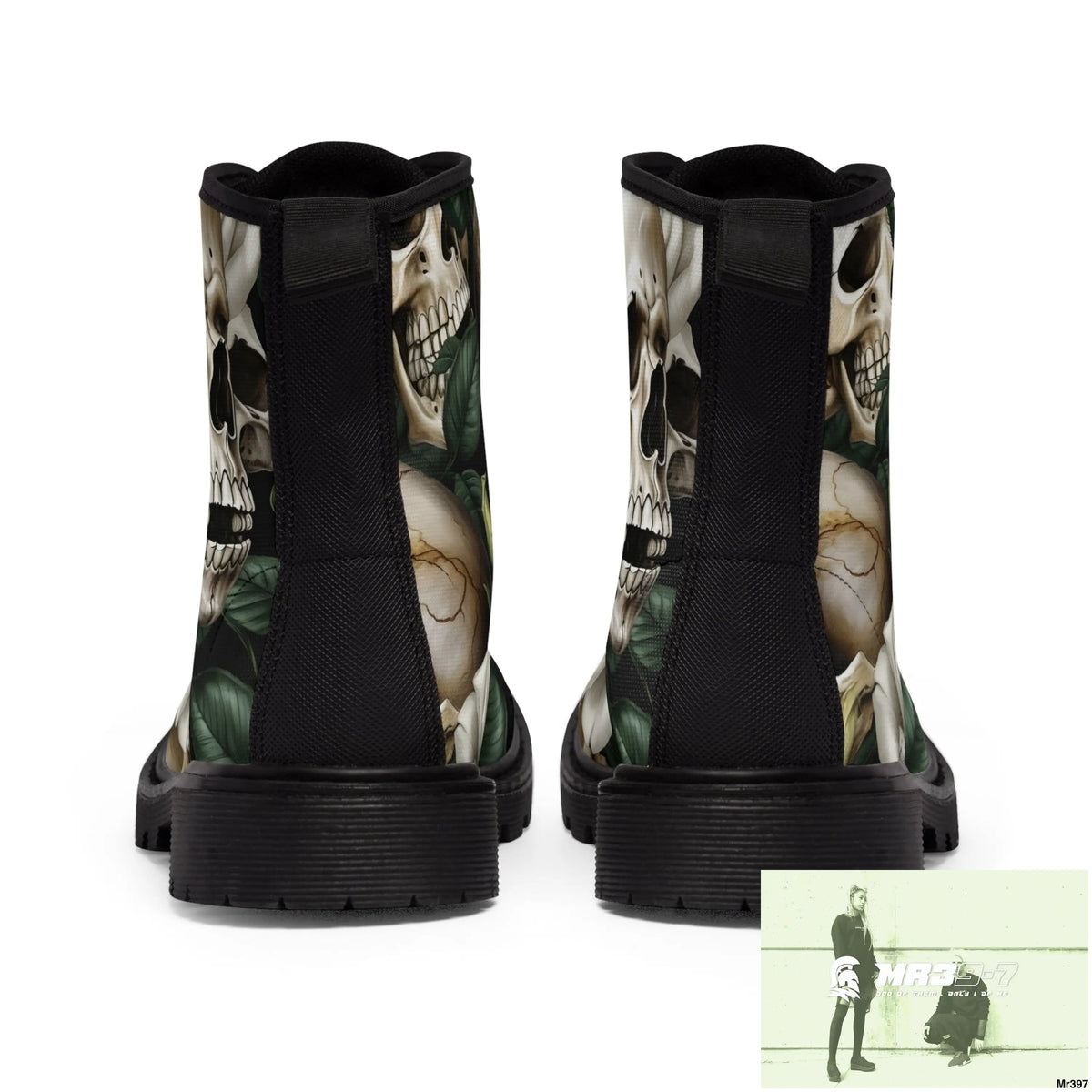 No 2 Gothic Skull and White Roses Canvas Boots AOP Shoes