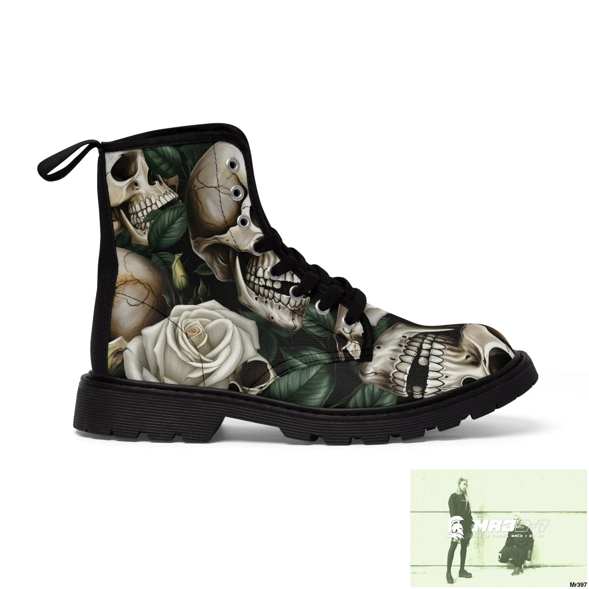 No 2 Gothic Skull and White Roses Canvas Boots AOP Shoes