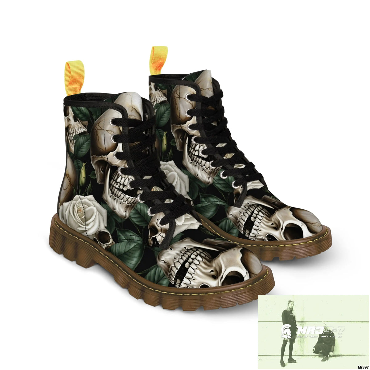 No 2 Gothic Skull and White Roses Canvas Boots AOP Shoes
