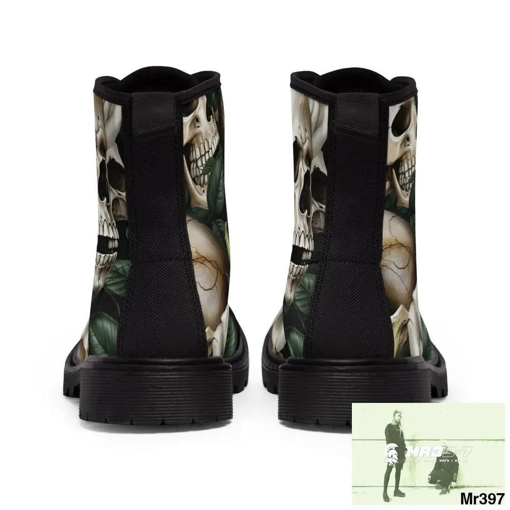 No 2 Gothic Skull and White Roses Canvas Boots AOP Shoes