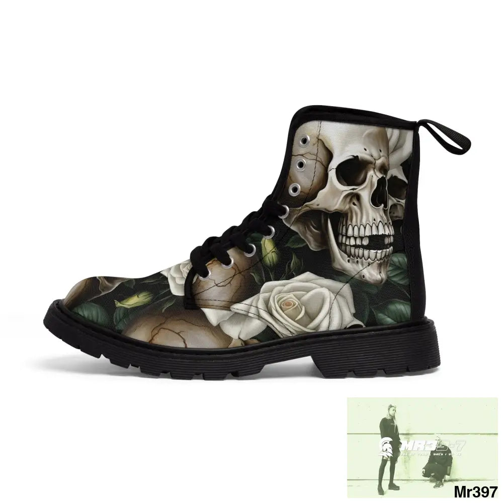 No 2 Gothic Skull and White Roses Canvas Boots AOP Shoes