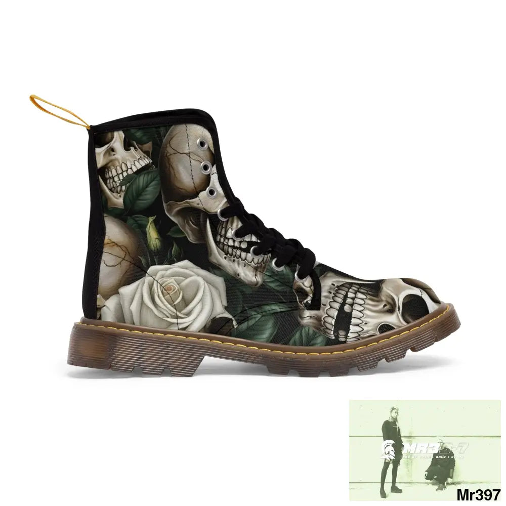 No 2 Gothic Skull and White Roses Canvas Boots AOP US 7 / Brown sole Shoes