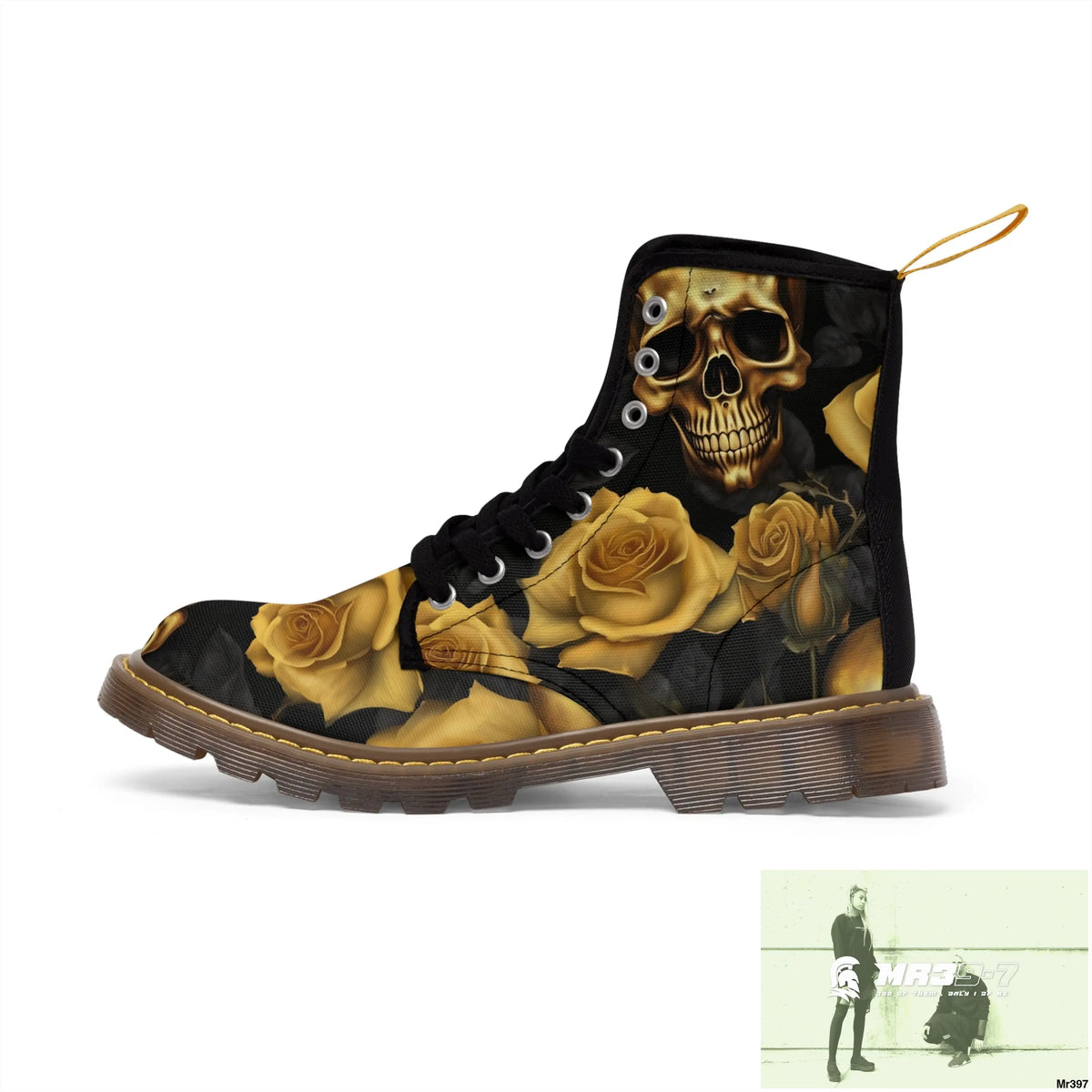 No 2 Gothic Skulls and Gold Roses Canvas Boots AOP Shoes