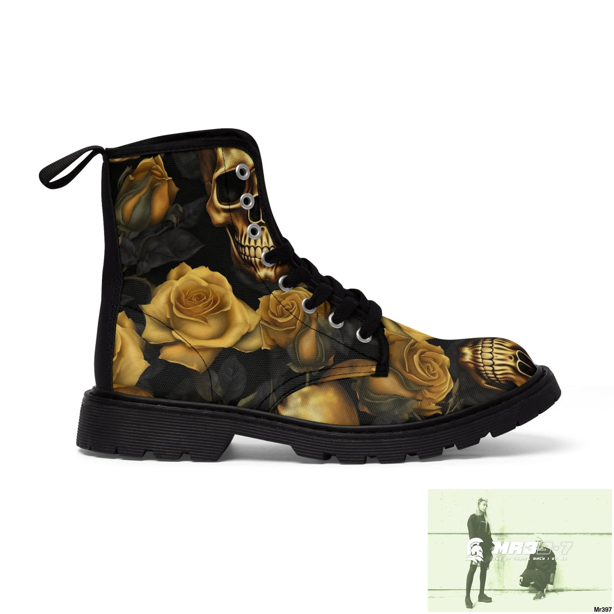 No 2 Gothic Skulls and Gold Roses Canvas Boots AOP Shoes
