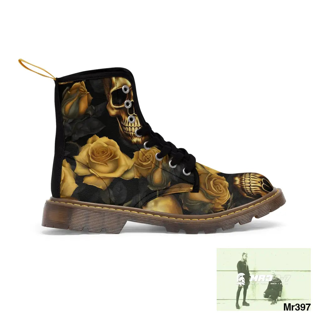 No 2 Gothic Skulls and Gold Roses Canvas Boots AOP Shoes