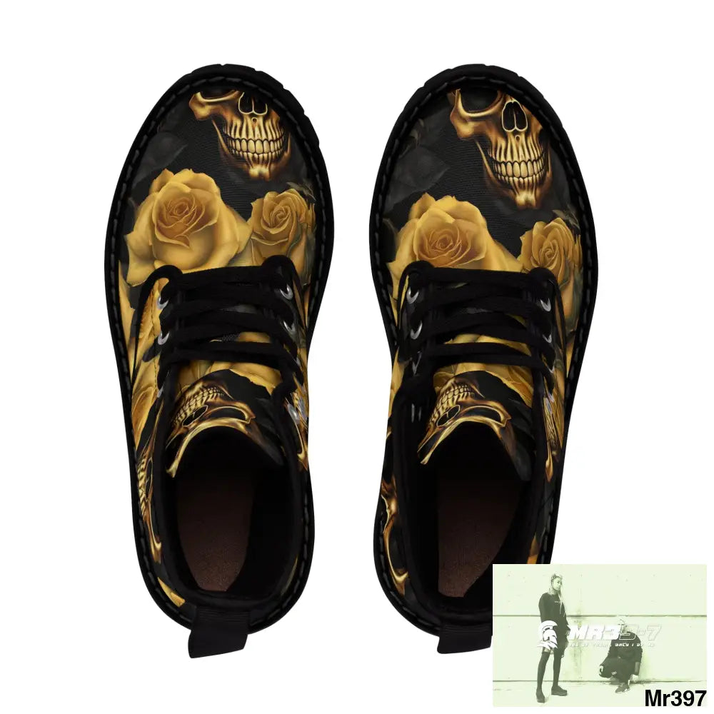 No 2 Gothic Skulls and Gold Roses Canvas Boots AOP Shoes