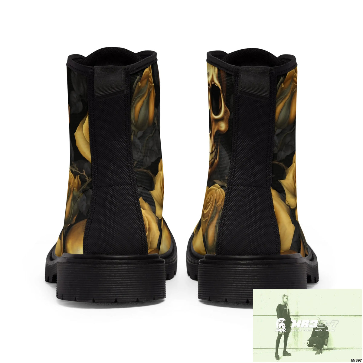 No 2 Gothic Skulls and Gold Roses Canvas Boots AOP Shoes