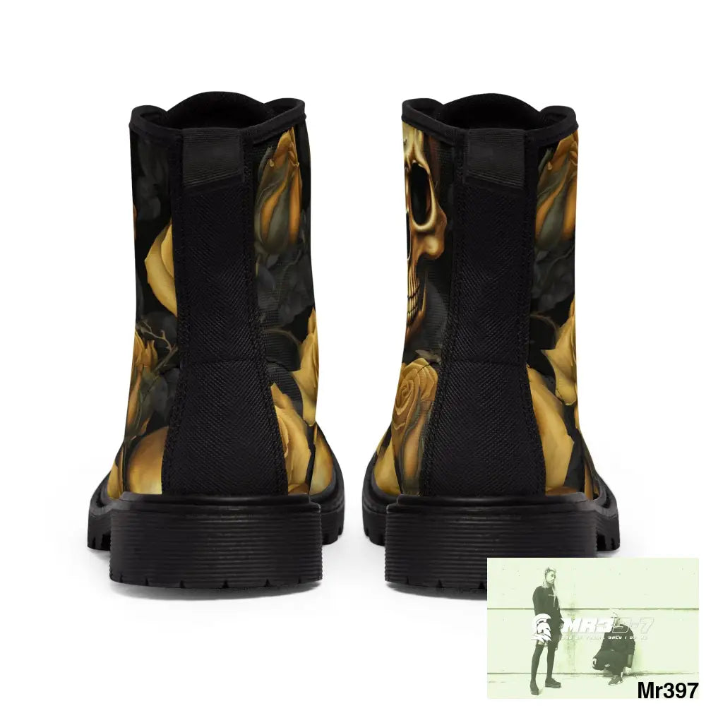 No 2 Gothic Skulls and Gold Roses Canvas Boots AOP Shoes