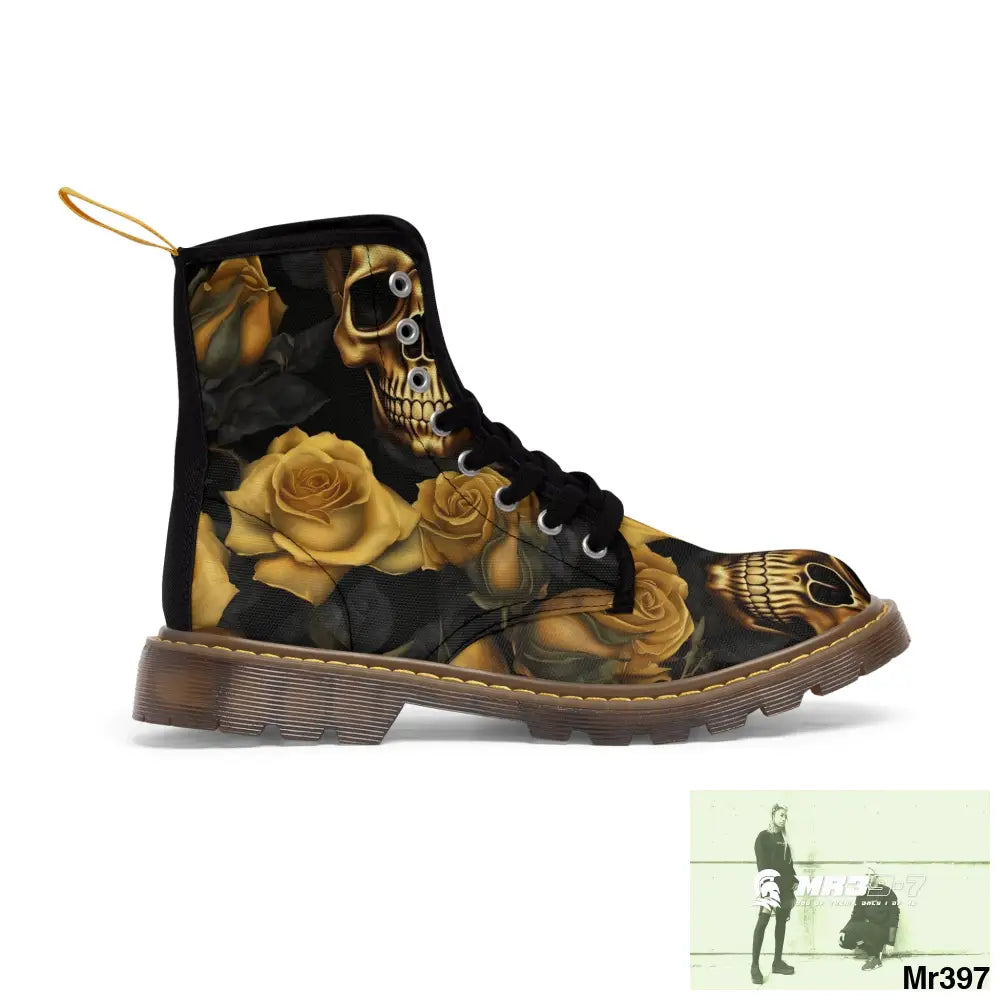 No 2 Gothic Skulls and Gold Roses Canvas Boots AOP Shoes