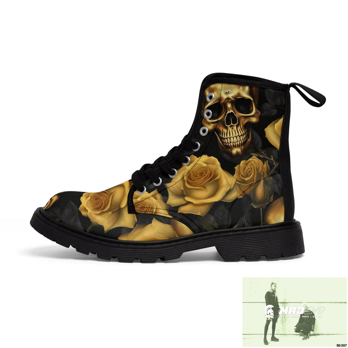 No 2 Gothic Skulls and Gold Roses Canvas Boots AOP Shoes