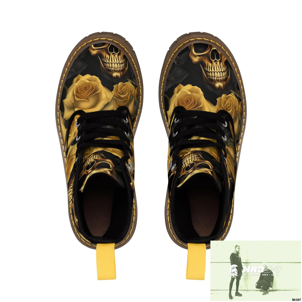 No 2 Gothic Skulls and Gold Roses Canvas Boots AOP Shoes