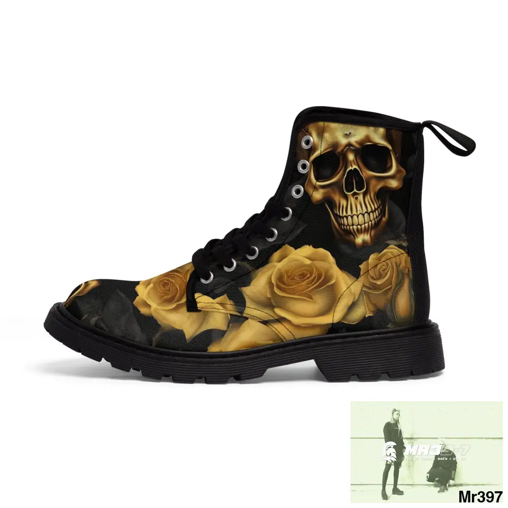 No 2 Gothic Skulls and Gold Roses Canvas Boots AOP US 7 / Black sole Shoes