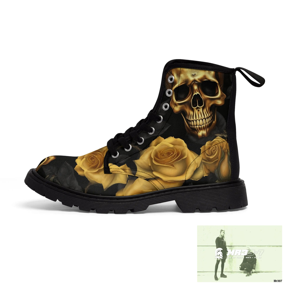 No 2 Gothic Skulls and Gold Roses Canvas Boots AOP US 7 / Black sole Shoes