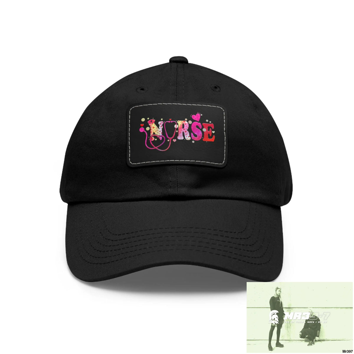 Nurse Love Dad Hat with Leather Patch (Rectangle) Black / Black patch / Rectangle / One size Hats