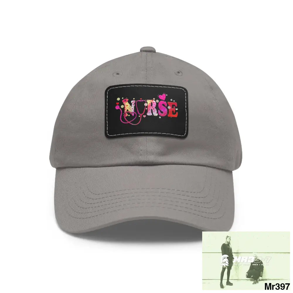 Nurse Love Dad Hat with Leather Patch (Rectangle) Grey / Black patch / Rectangle / One size Hats