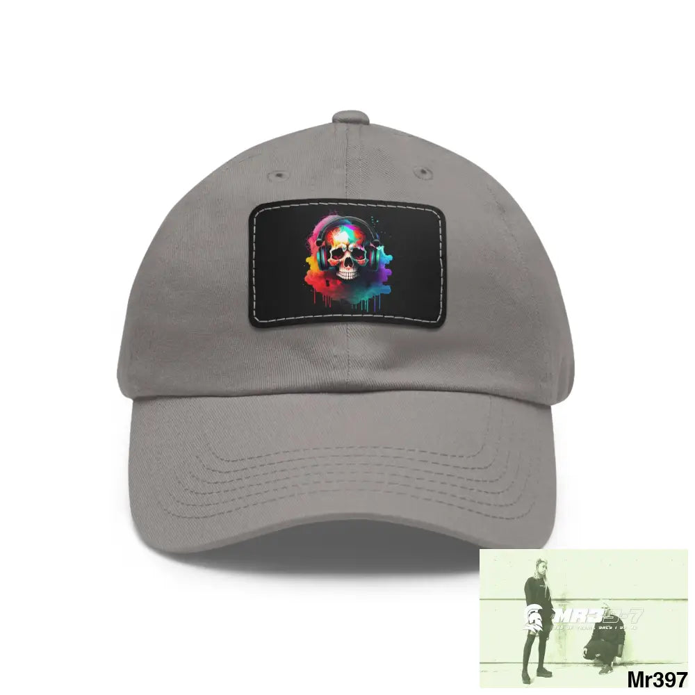 Painted skull with melting headphones Dad Hat with Leather Patch (Rectangle) Grey / Black patch / Rectangle / One size