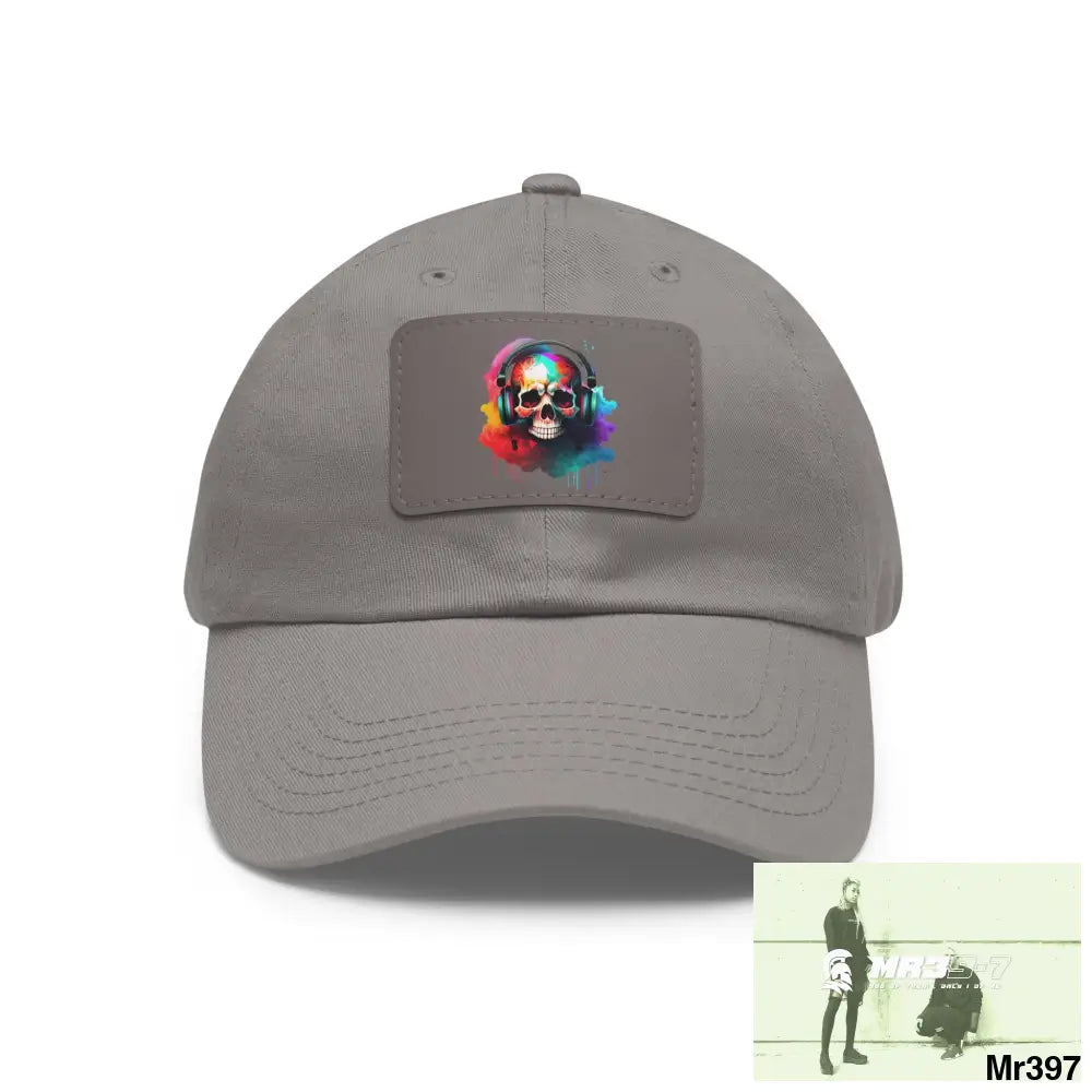 Painted skull with melting headphones Dad Hat with Leather Patch (Rectangle) Grey / Grey patch / Rectangle / One size