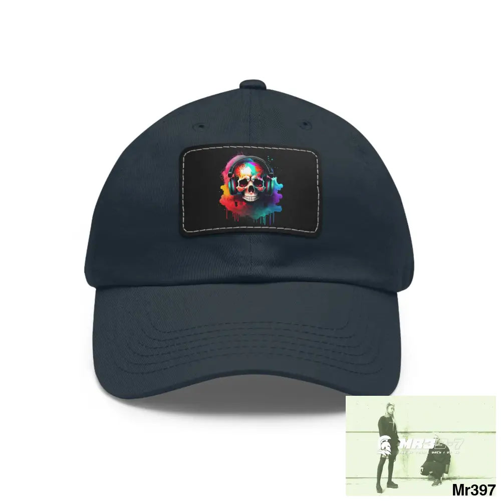 Painted skull with melting headphones Dad Hat with Leather Patch (Rectangle) Navy / Black patch / Rectangle / One size