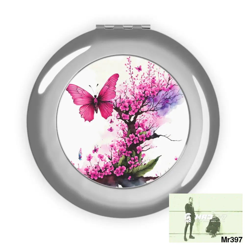 Pink Butterfly on ornamental Cherry Tree Branch Compact Travel Mirror Silver / Glossy / One size Accessories