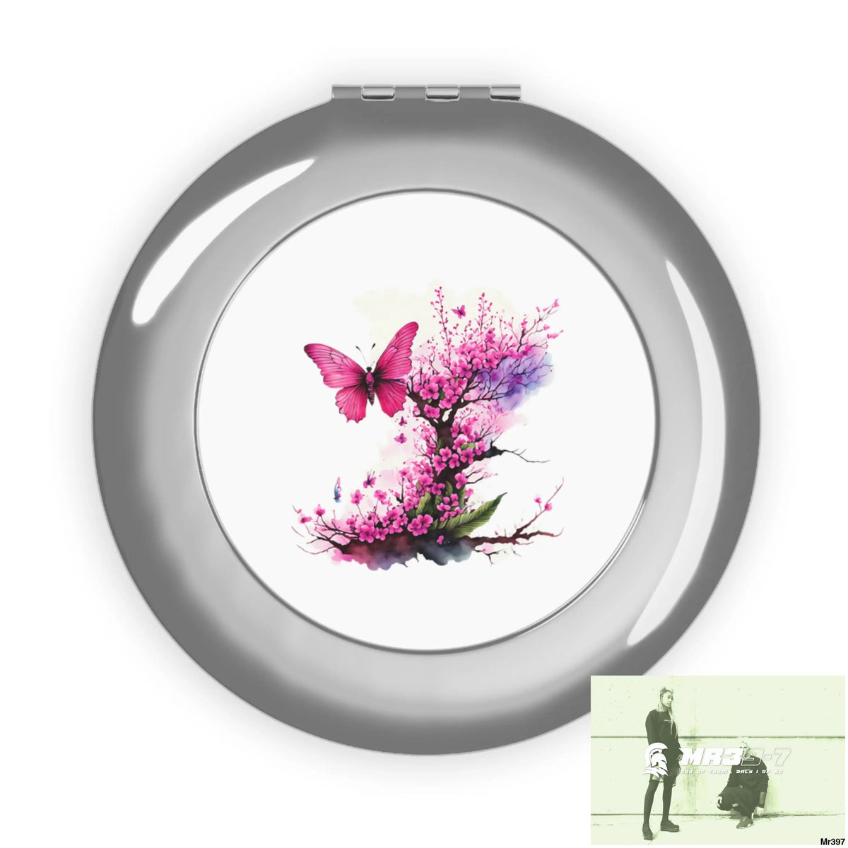 Pink Butterfly on ornamental Cherry Tree Branch Compact Travel Mirror Silver / Glossy / One size Accessories