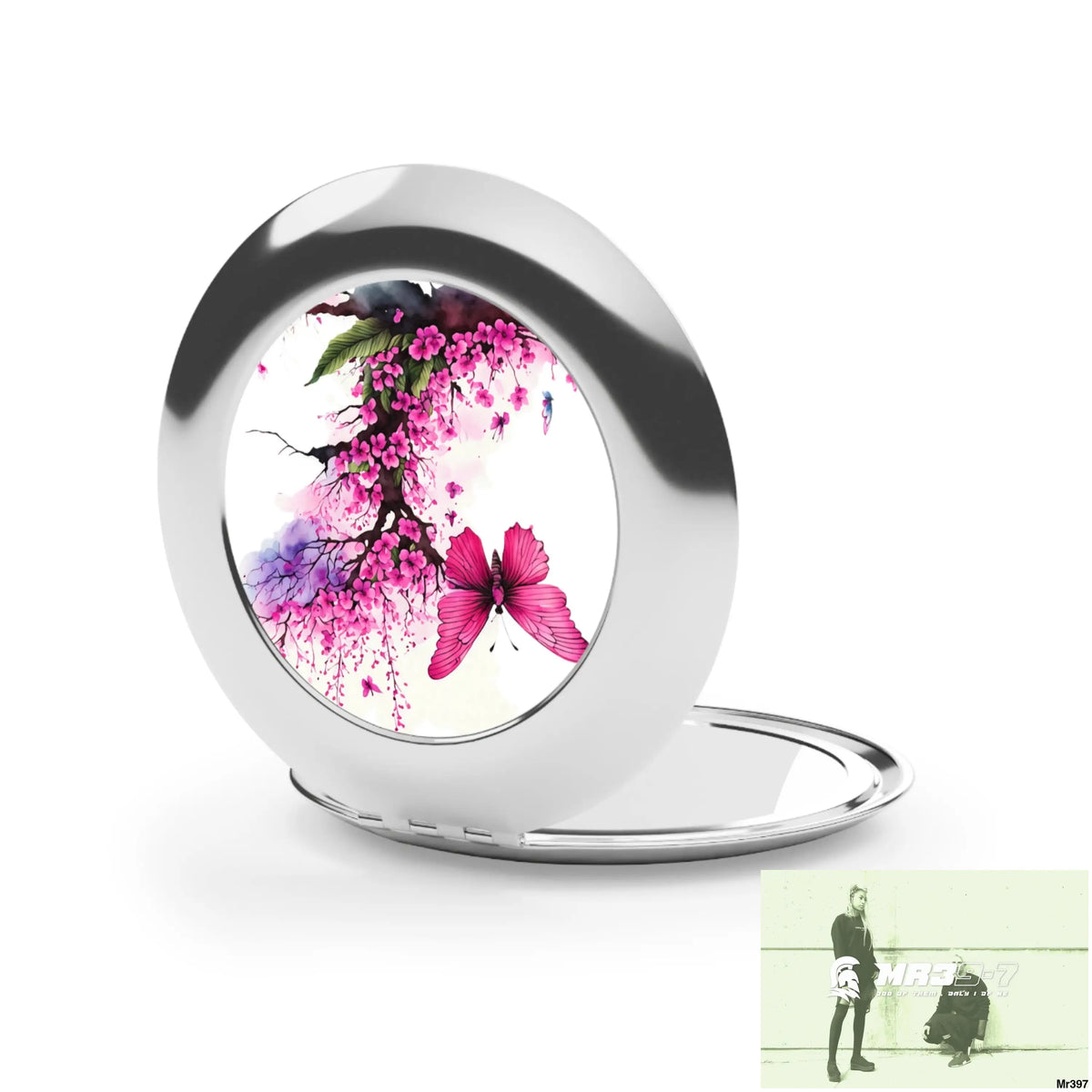 Pink Butterfly on ornamental Cherry Tree Branch Compact Travel Mirror Silver / Glossy / One size Accessories