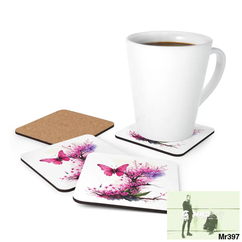 Pink Butterfly on Ornamental Cherry Tree Branch Corkwood Coaster Set Cork / 3.75’’ × 3.75’’ / Square Home Decor