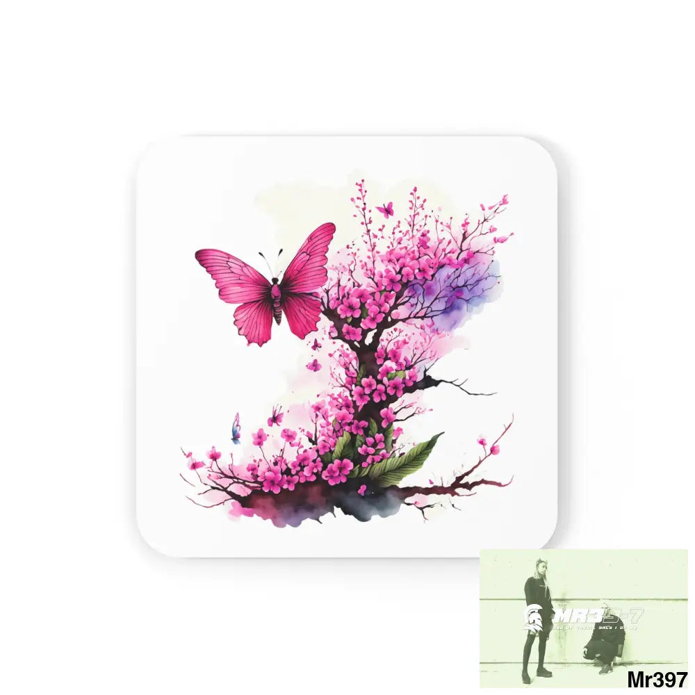Pink Butterfly on Ornamental Cherry Tree Branch Corkwood Coaster Set Cork / 3.75’’ × 3.75’’ / Square Home Decor