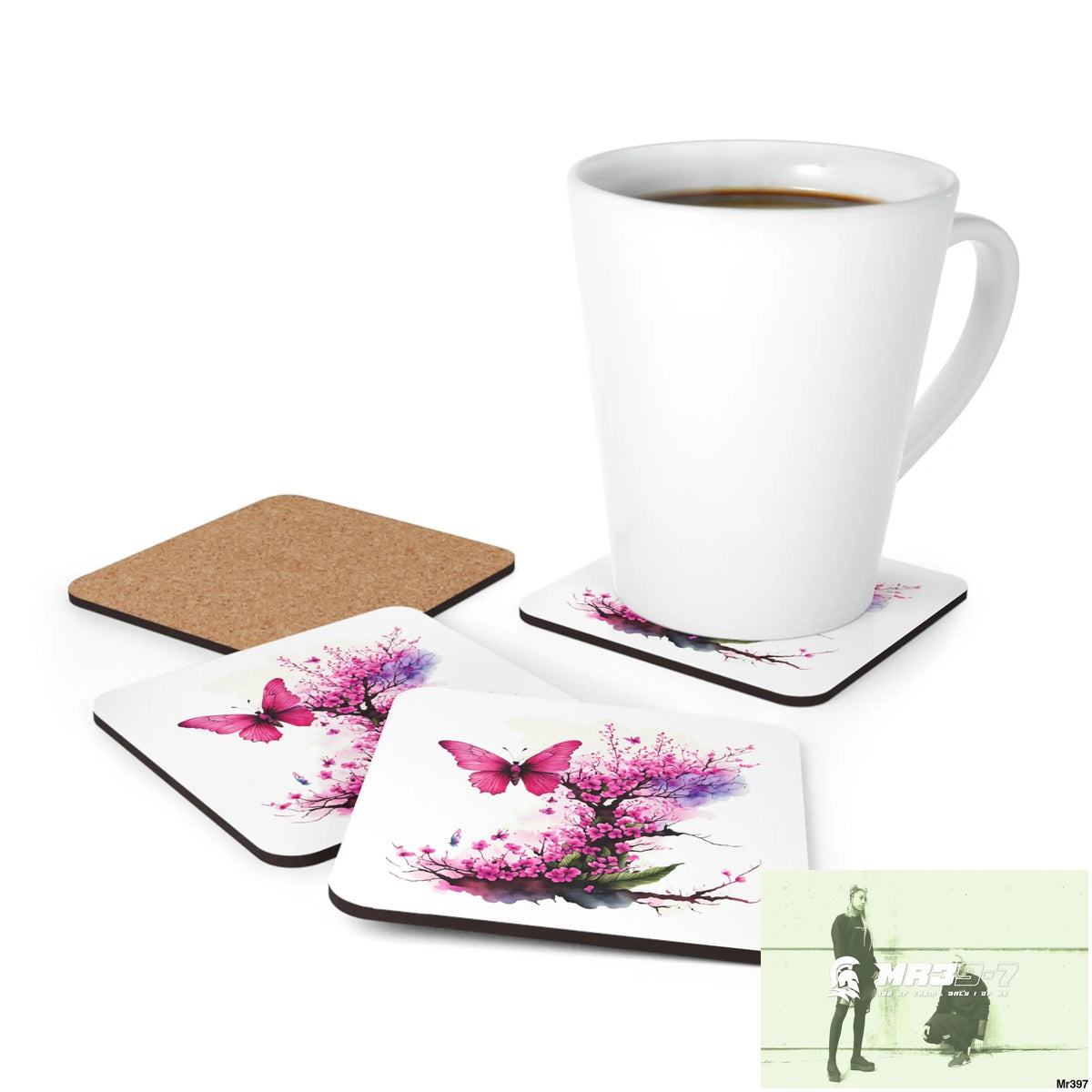 Pink Butterfly on Ornamental Cherry Tree Branch Corkwood Coaster Set Cork / 3.75’’ × 3.75’’ / Square Home Decor