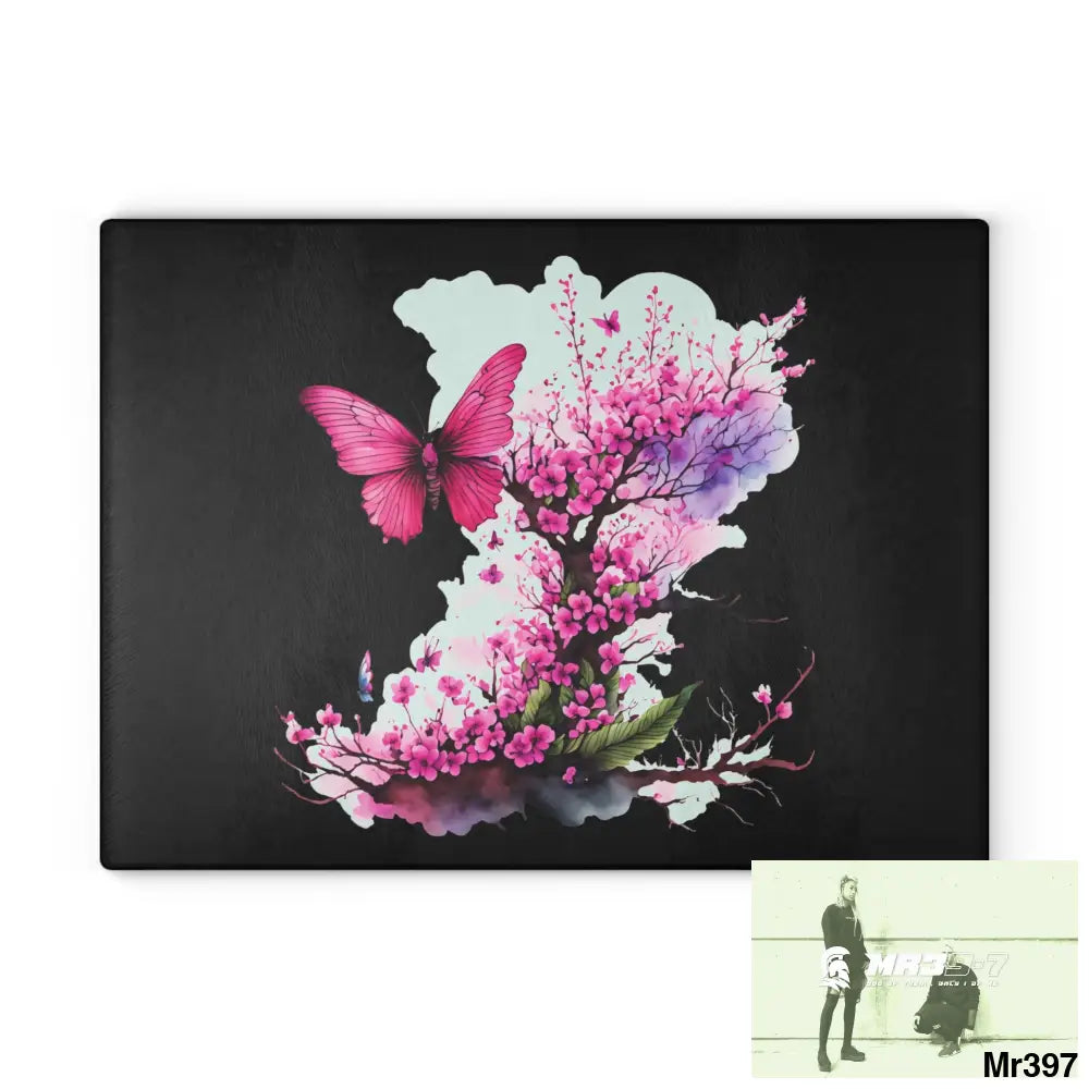 Pink Butterfly on Ornamental cherry tree branch Cutting Board 11’’ x 15’’ / Rectangle Home Decor