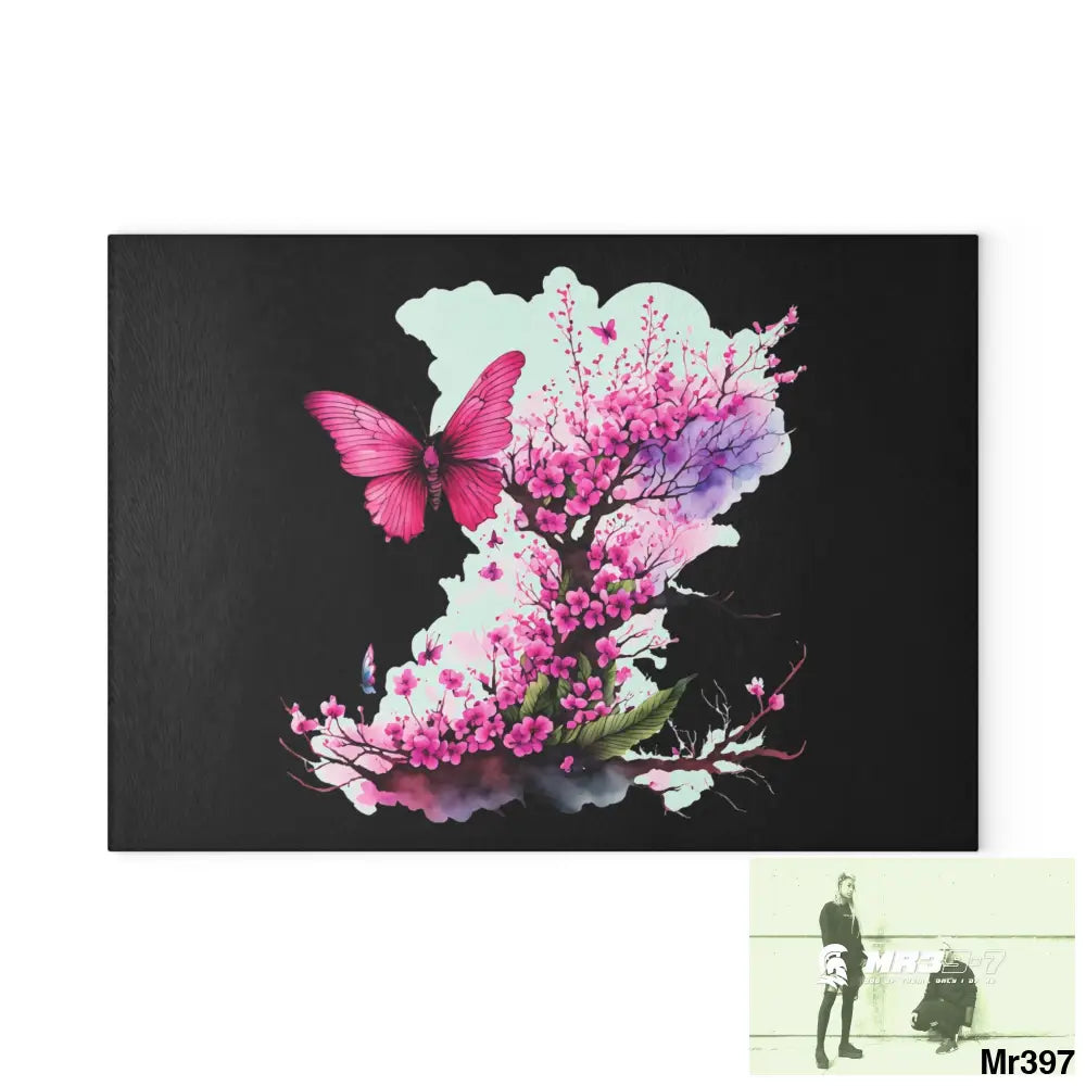 Pink Butterfly on Ornamental cherry tree branch Cutting Board 8’’ x 11’’ / Rectangle Home Decor
