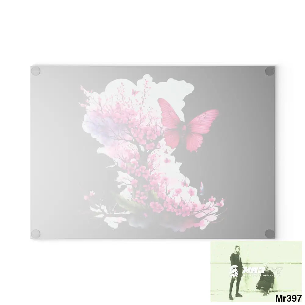 Pink Butterfly on Ornamental cherry tree branch Cutting Board Home Decor