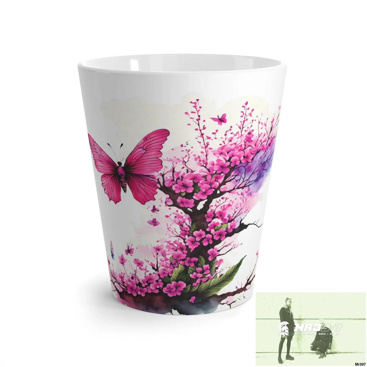 Pink Butterfly on Ornamental Cherry Tree Branch Latte Mug 12oz Mug
