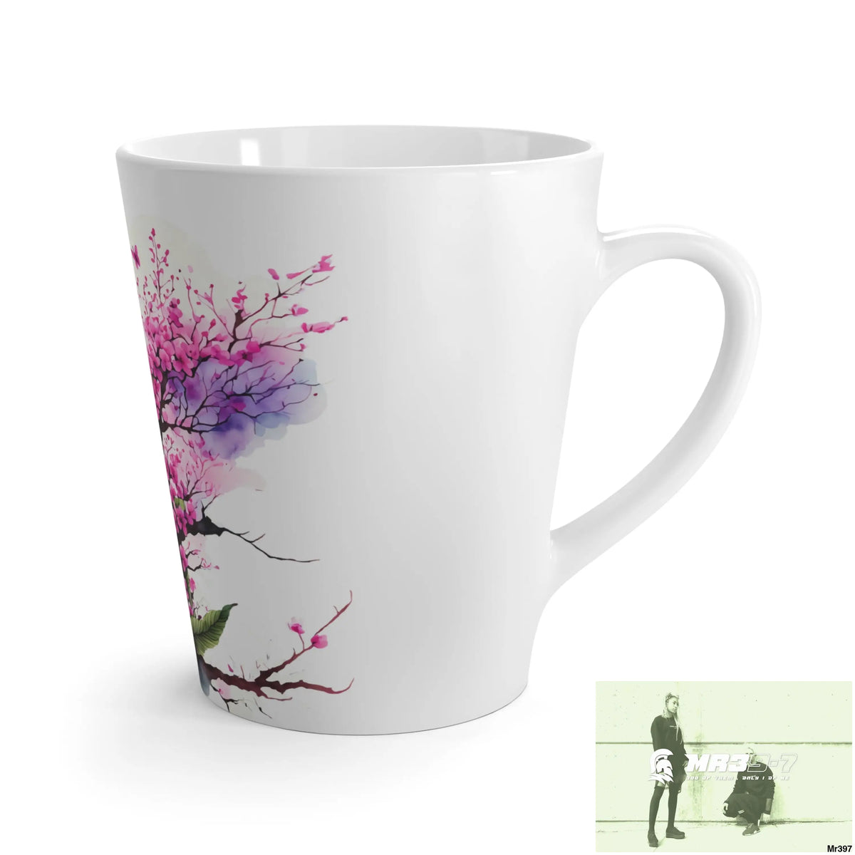 Pink Butterfly on Ornamental Cherry Tree Branch Latte Mug 12oz Mug