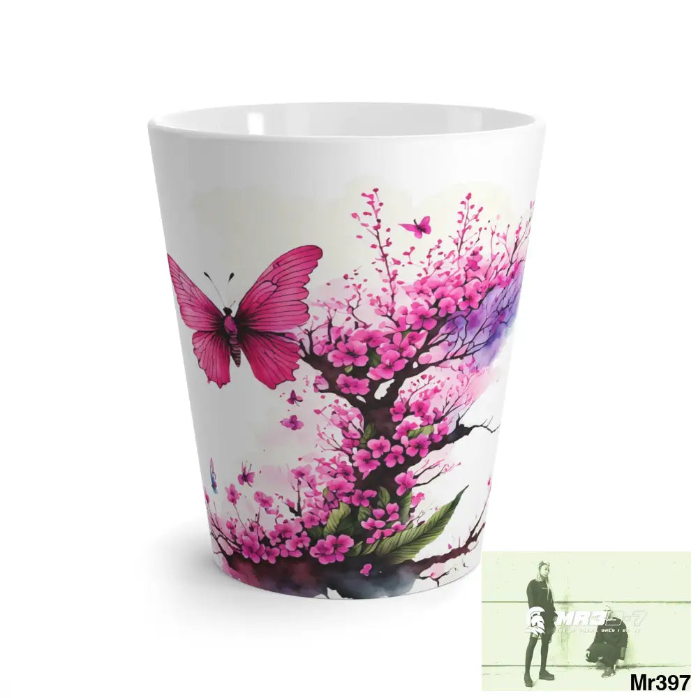 Pink Butterfly on Ornamental Cherry Tree Branch Latte Mug 12oz Mug