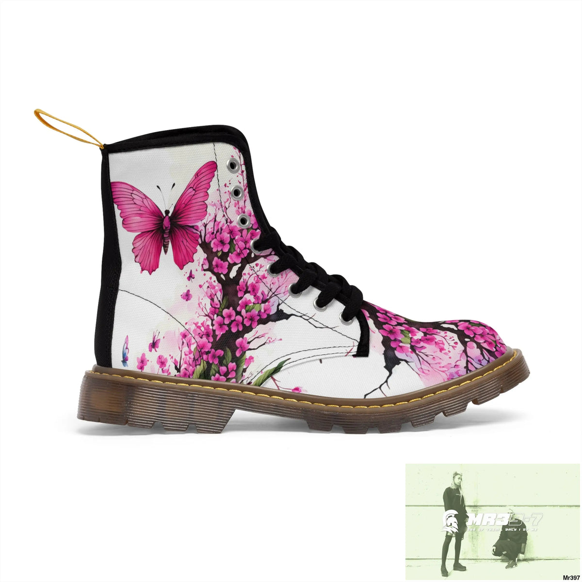 PINK BUTTERFLY ON ORNAMENTAL CHERRY TREE Women’s Canvas Boots Shoes