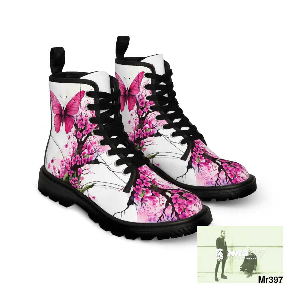 PINK BUTTERFLY ON ORNAMENTAL CHERRY TREE Women’s Canvas Boots Shoes