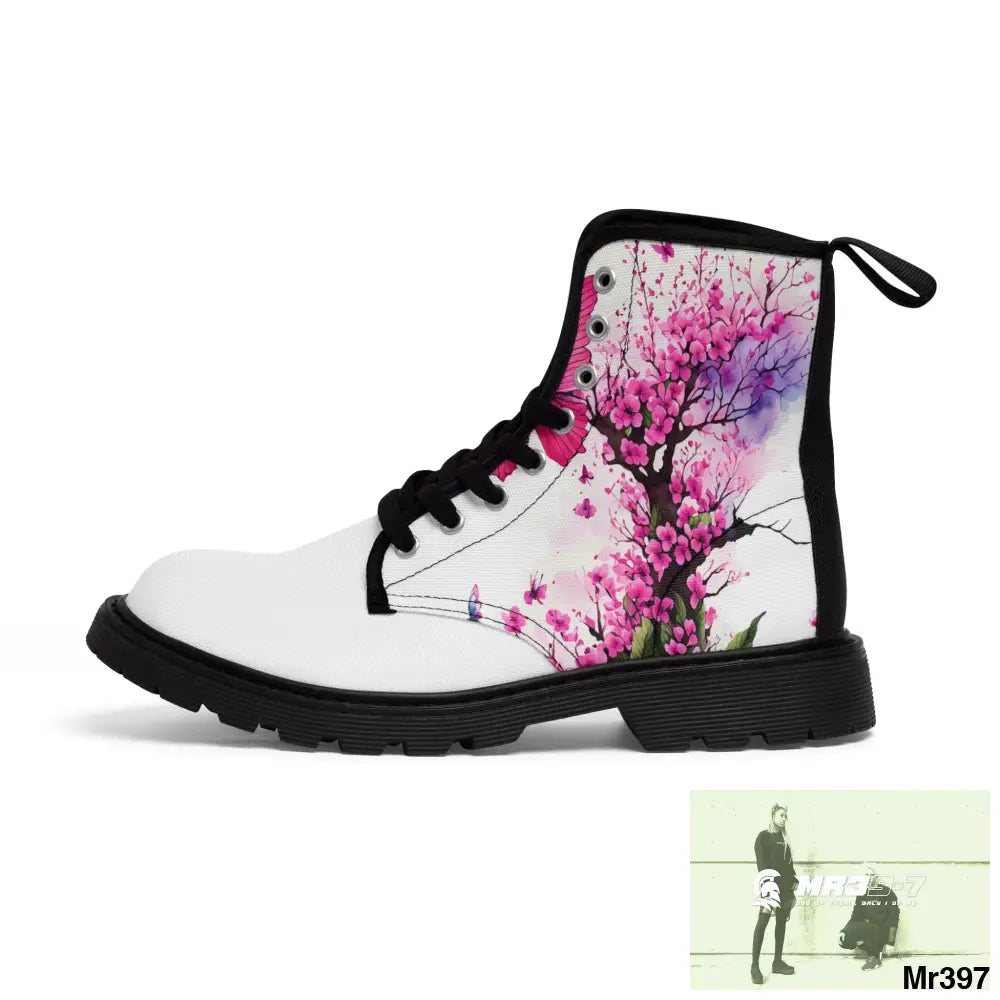PINK BUTTERFLY ON ORNAMENTAL CHERRY TREE Women’s Canvas Boots Shoes