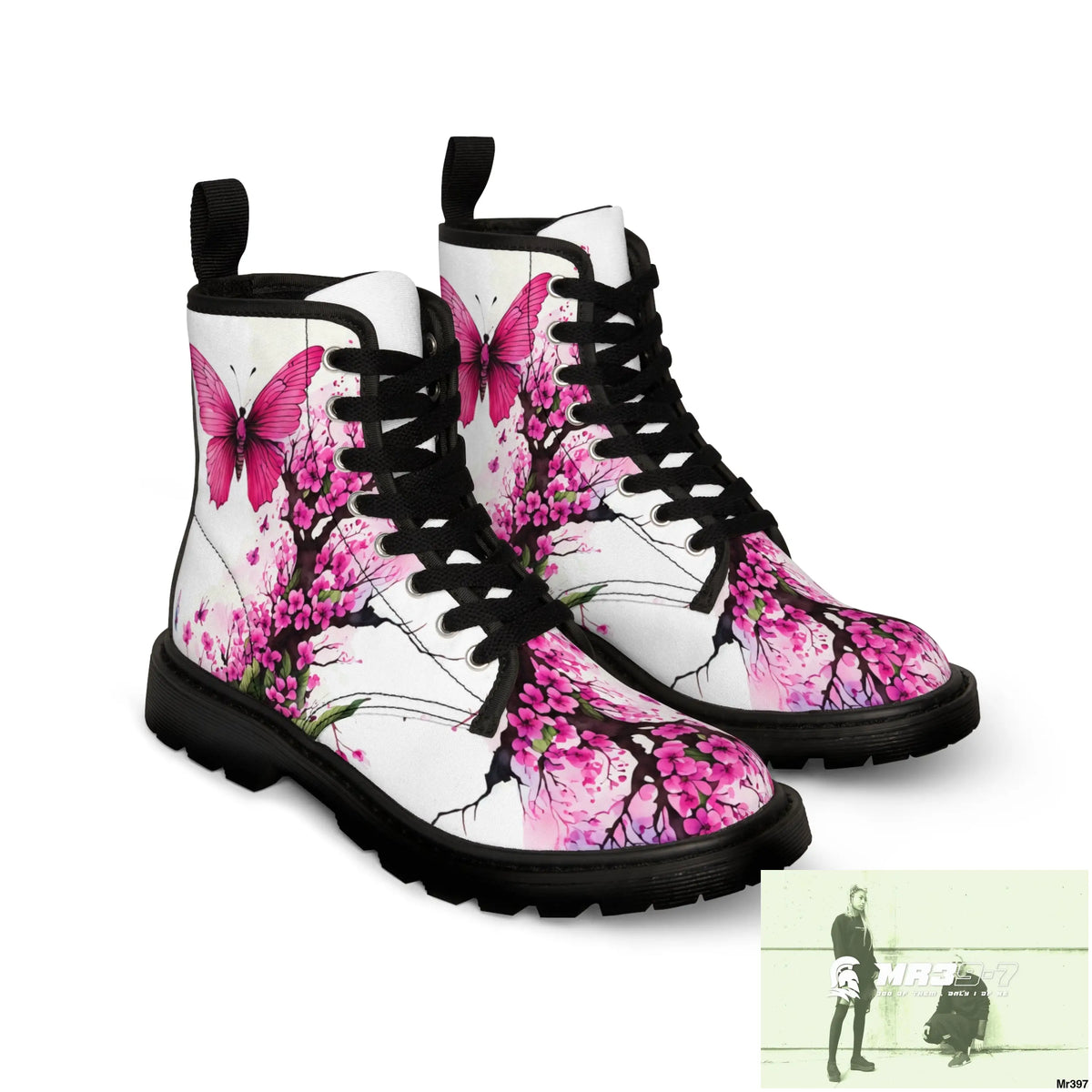 PINK BUTTERFLY ON ORNAMENTAL CHERRY TREE Women’s Canvas Boots Shoes
