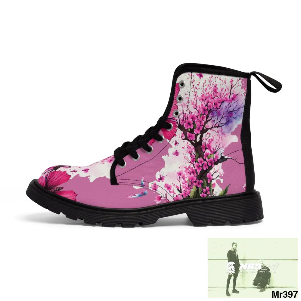PINK BUTTERFLY ON ORNAMENTAL CHERRY TREE Women’s Canvas Boots Shoes