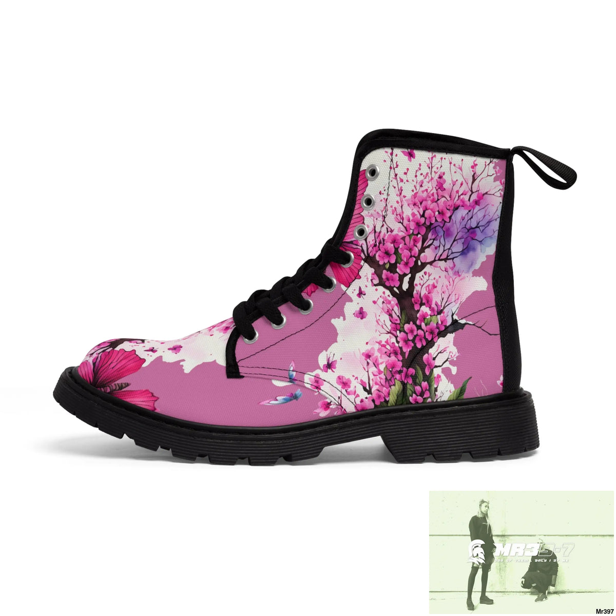 PINK BUTTERFLY ON ORNAMENTAL CHERRY TREE Women’s Canvas Boots Shoes