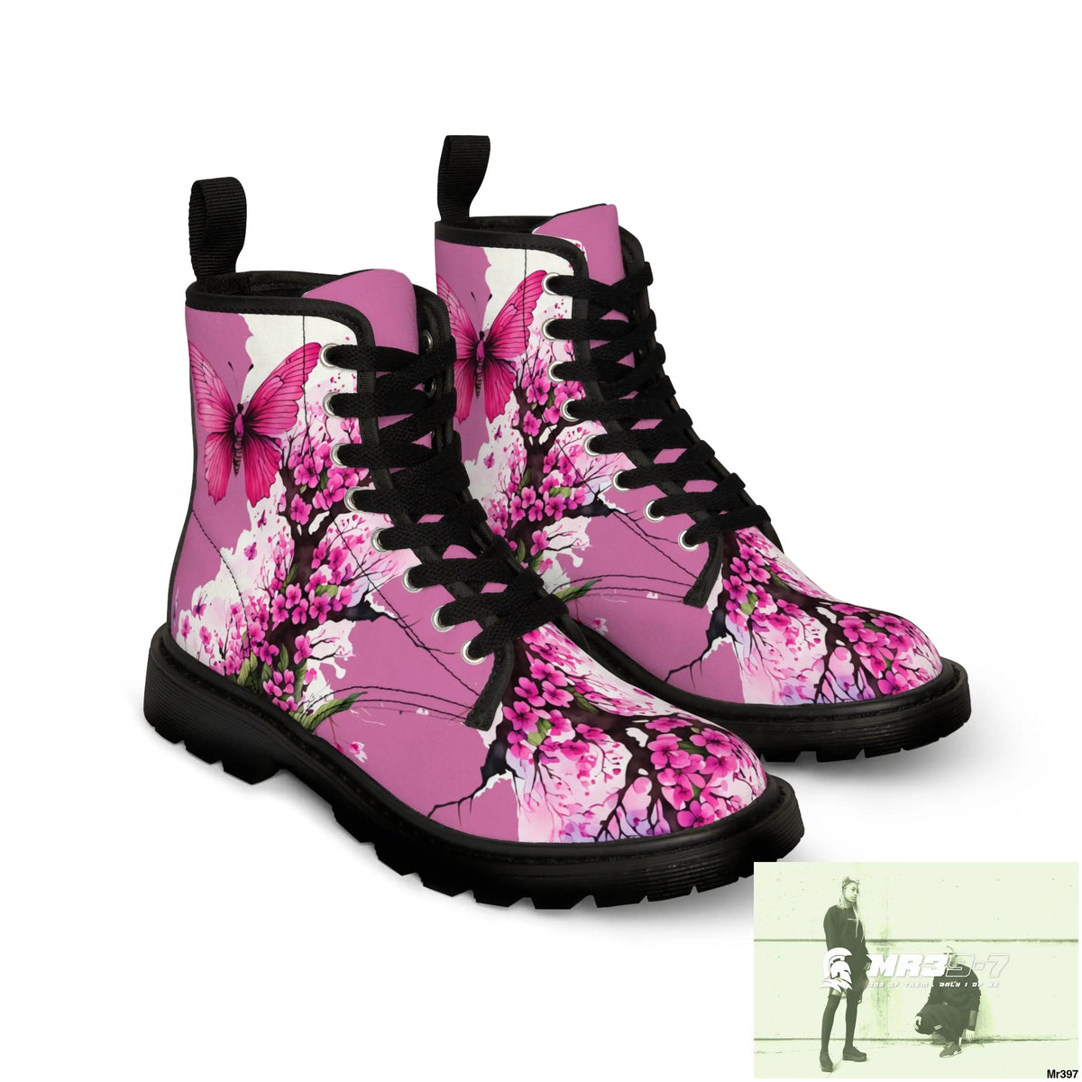 PINK BUTTERFLY ON ORNAMENTAL CHERRY TREE Women’s Canvas Boots Shoes