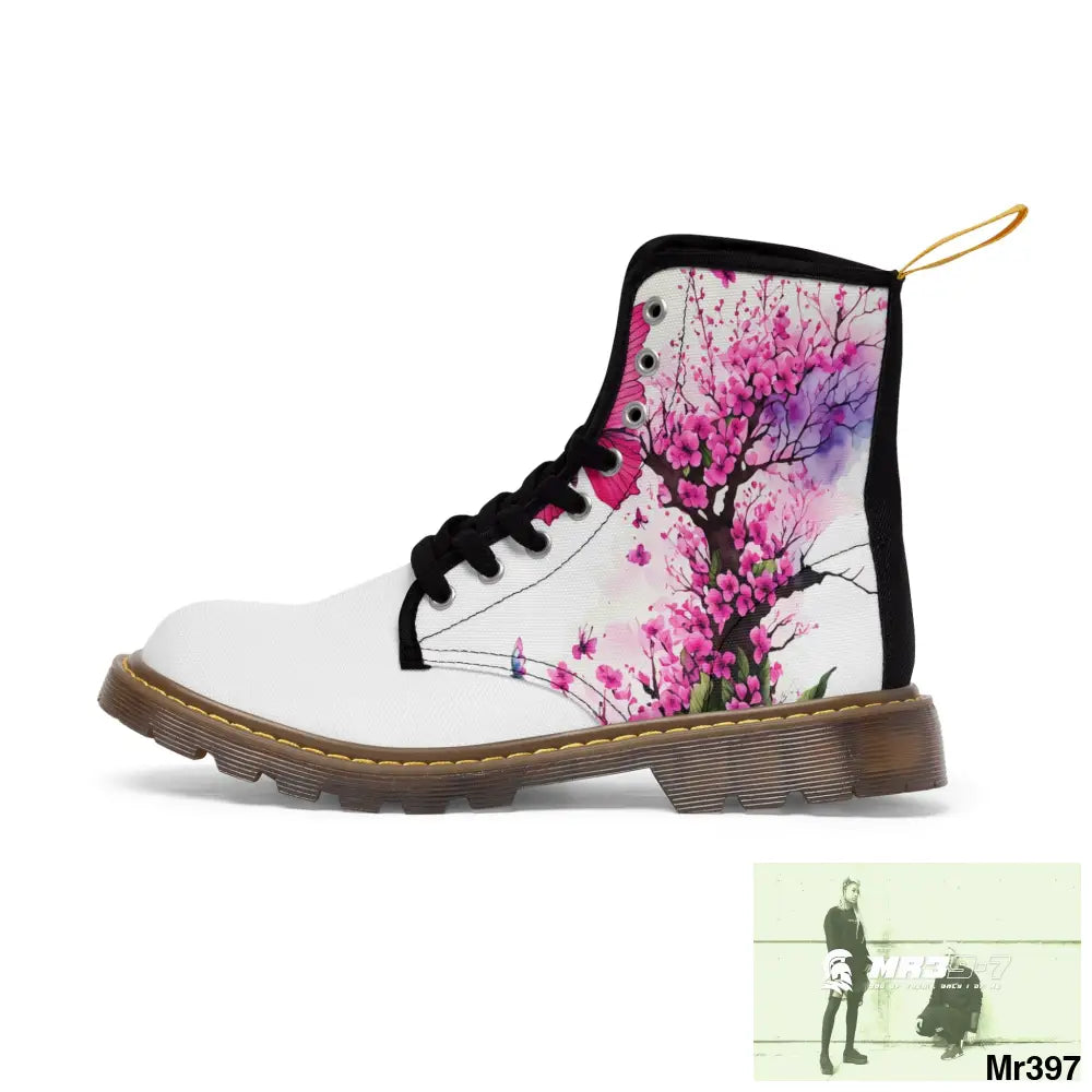 PINK BUTTERFLY ON ORNAMENTAL CHERRY TREE Women’s Canvas Boots Shoes