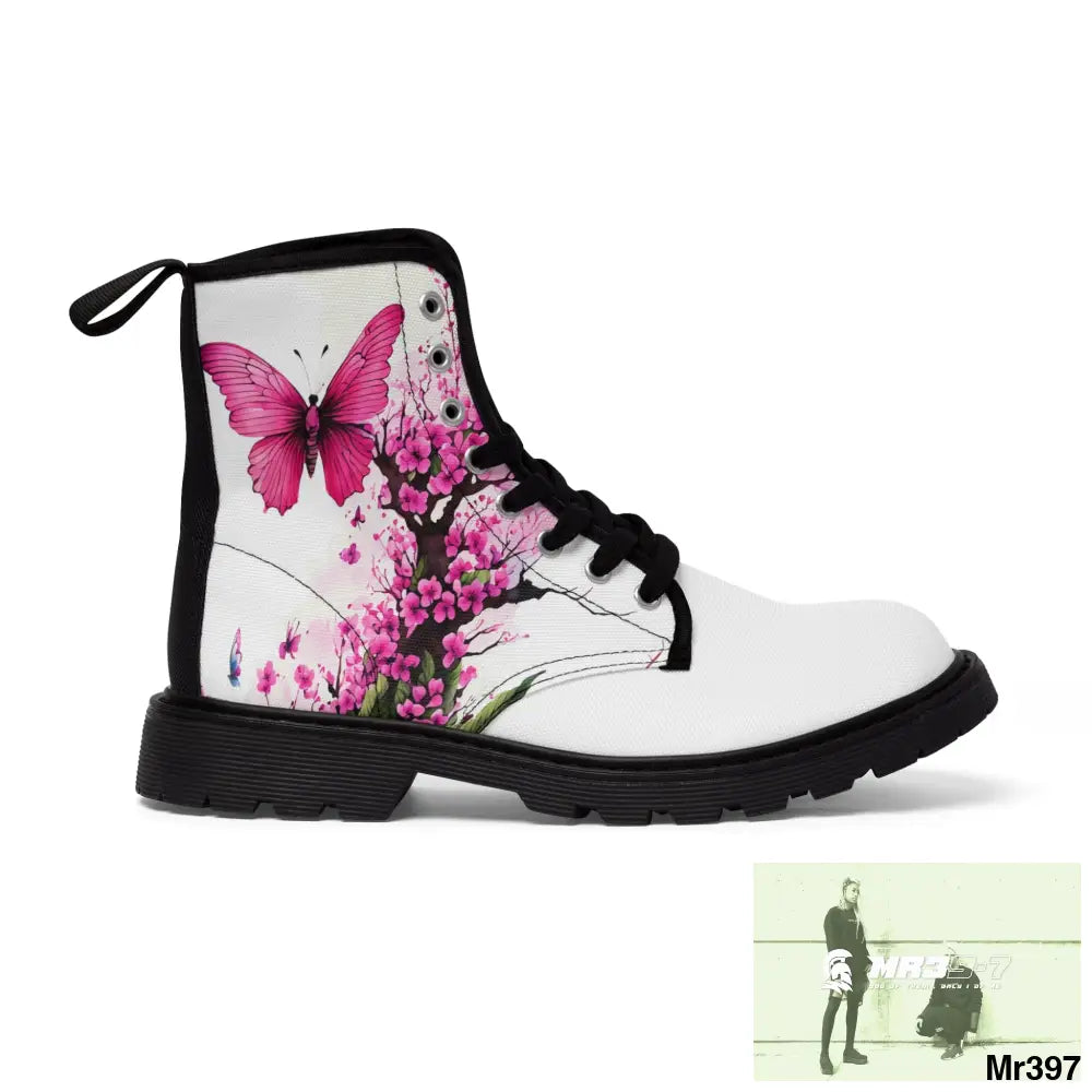 PINK BUTTERFLY ON ORNAMENTAL CHERRY TREE Women’s Canvas Boots Shoes