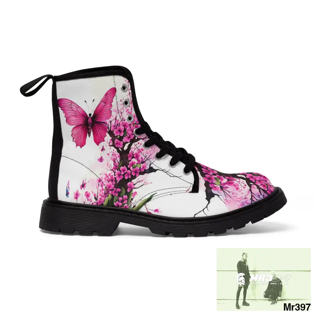 PINK BUTTERFLY ON ORNAMENTAL CHERRY TREE Women’s Canvas Boots Shoes