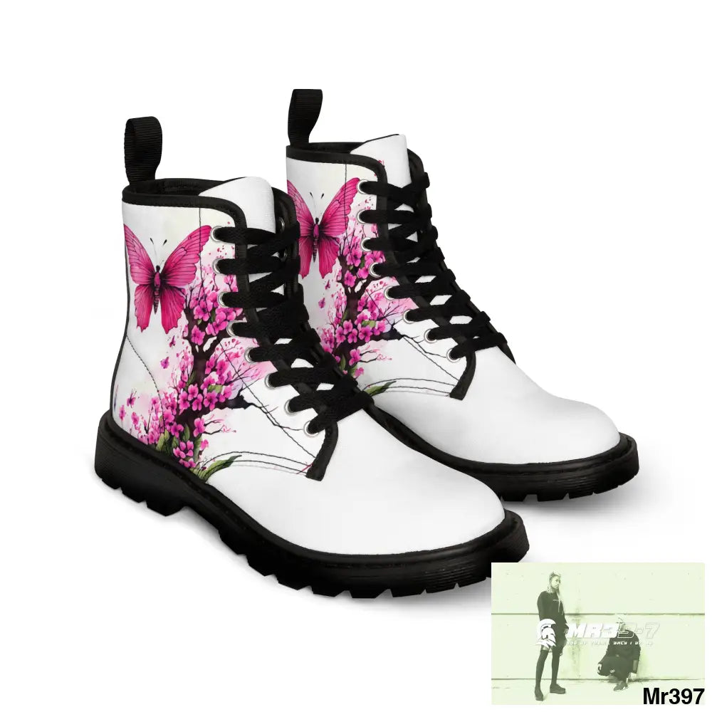 PINK BUTTERFLY ON ORNAMENTAL CHERRY TREE Women’s Canvas Boots Shoes
