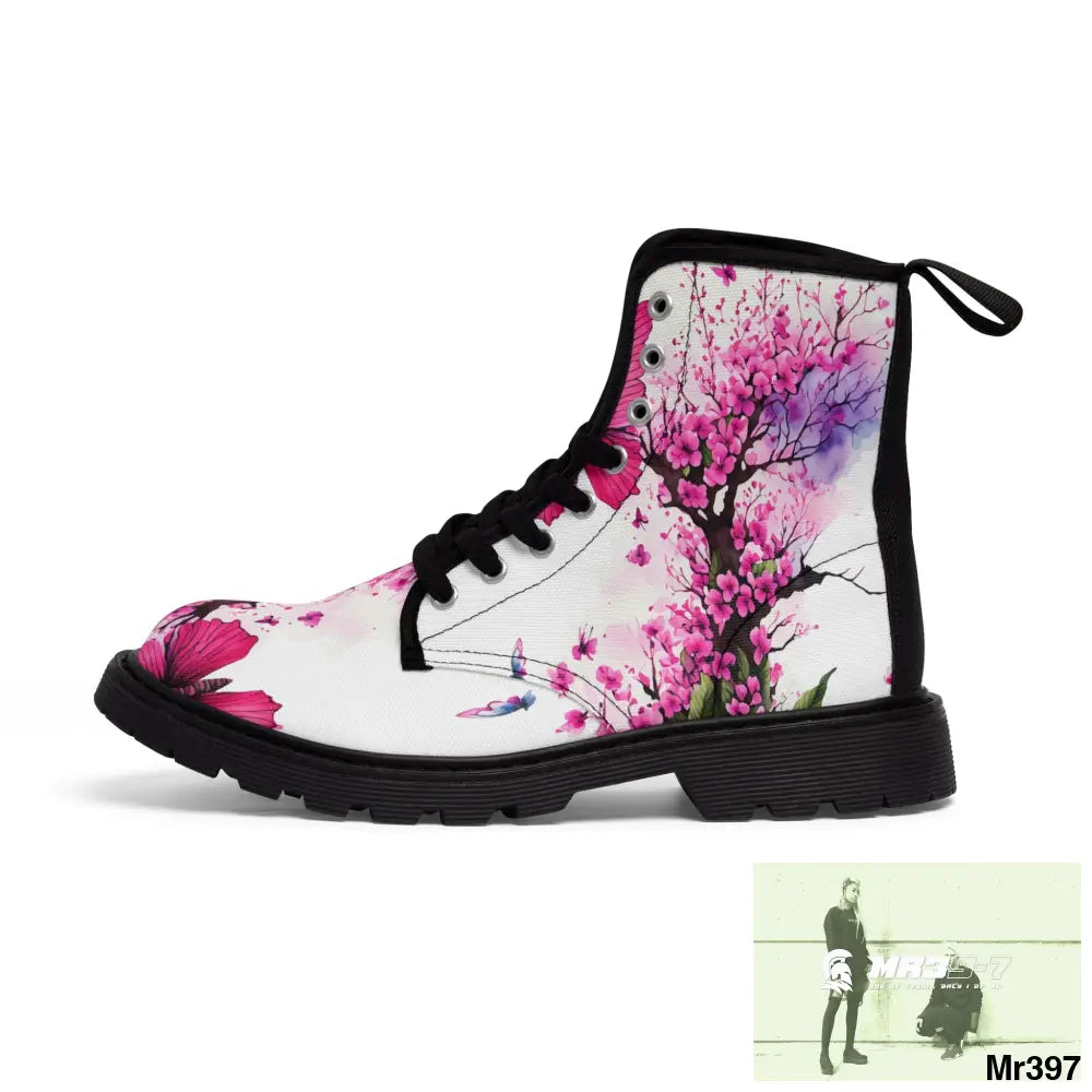 PINK BUTTERFLY ON ORNAMENTAL CHERRY TREE Women’s Canvas Boots Shoes