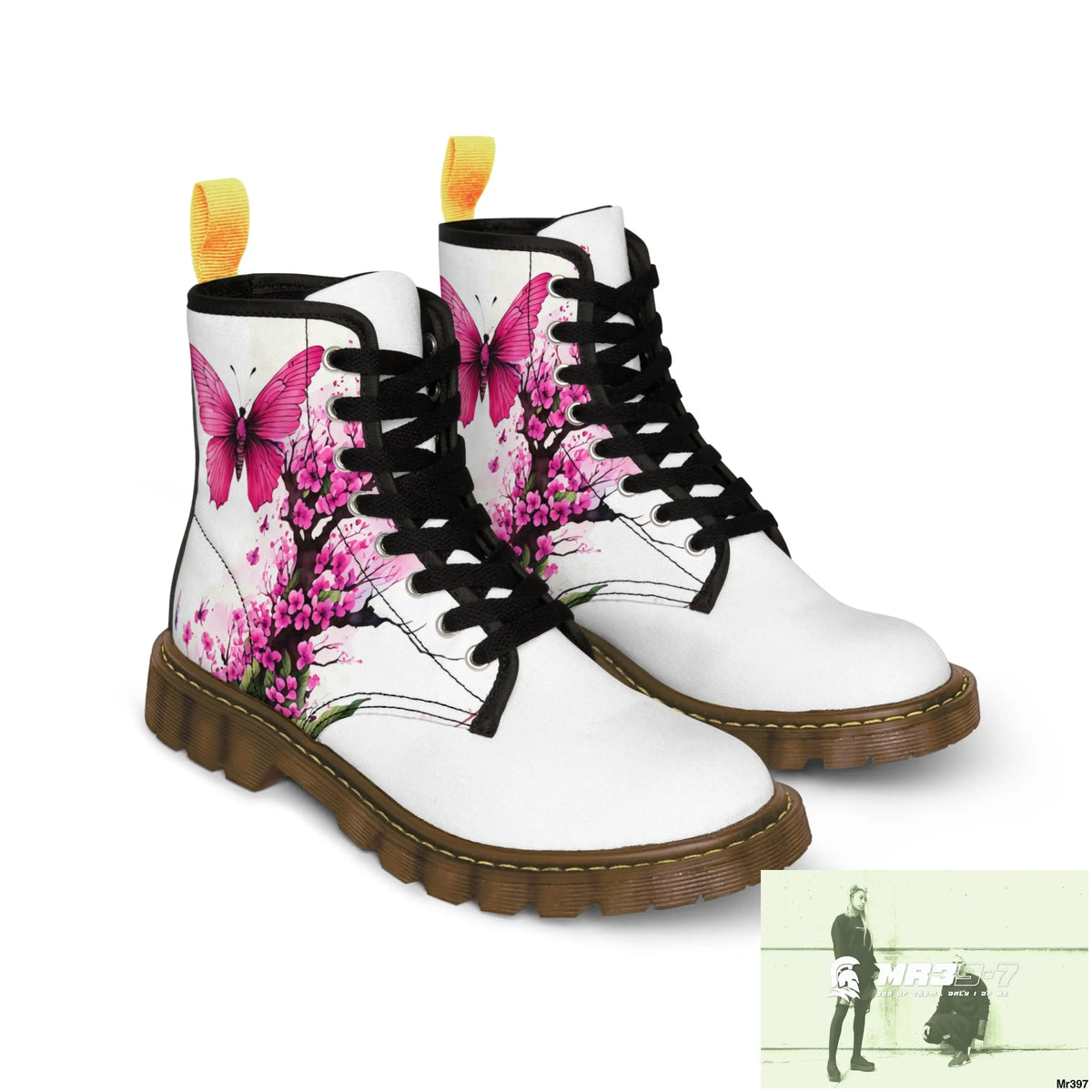 PINK BUTTERFLY ON ORNAMENTAL CHERRY TREE Women’s Canvas Boots Shoes