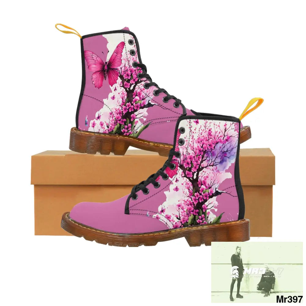 PINK BUTTERFLY ON ORNAMENTAL CHERRY TREE Women’s Canvas Boots US 6.5 / Brown sole Shoes