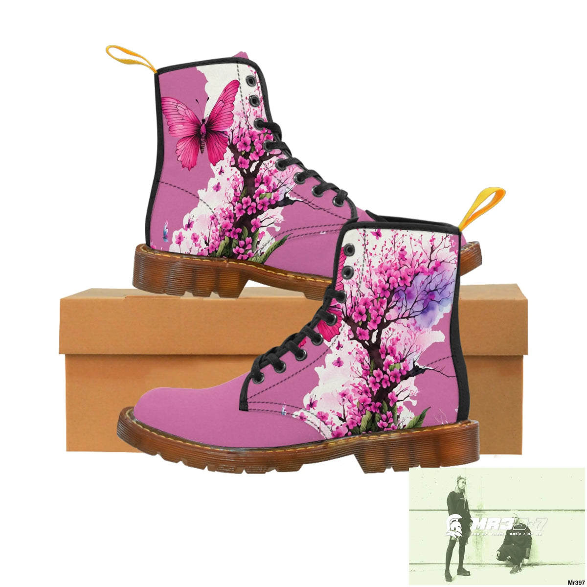 PINK BUTTERFLY ON ORNAMENTAL CHERRY TREE Women’s Canvas Boots US 6.5 / Brown sole Shoes